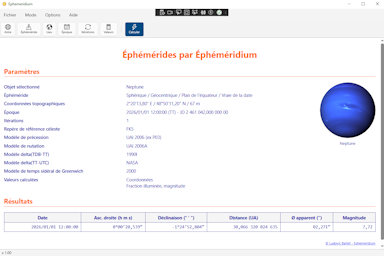 Logiciel Éphéméridium - Capture d'écran. Cliquez pour agrandir.