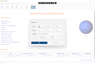 Logiciel Éphéméridium - Capture d'écran. Cliquez pour agrandir.