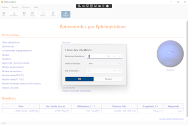 Logiciel Éphéméridium - Capture d'écran. Cliquez pour agrandir.