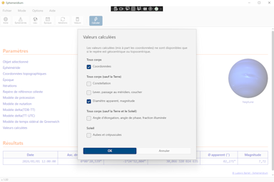 Logiciel Éphéméridium - Capture d'écran. Cliquez pour agrandir.
