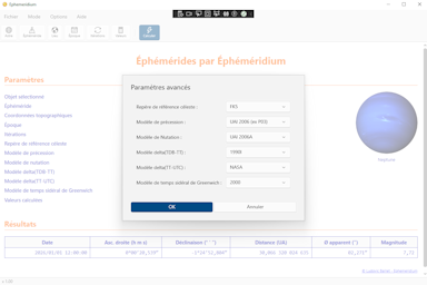 Logiciel Éphéméridium - Capture d'écran. Cliquez pour agrandir.