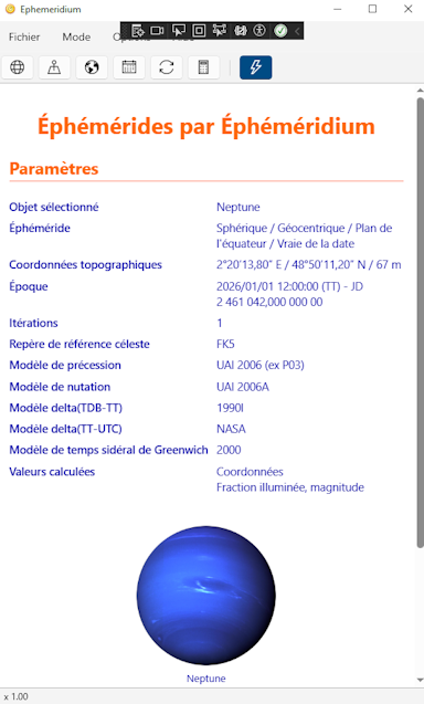 Logiciel Éphéméridium - Capture d'écran. Cliquez pour agrandir.